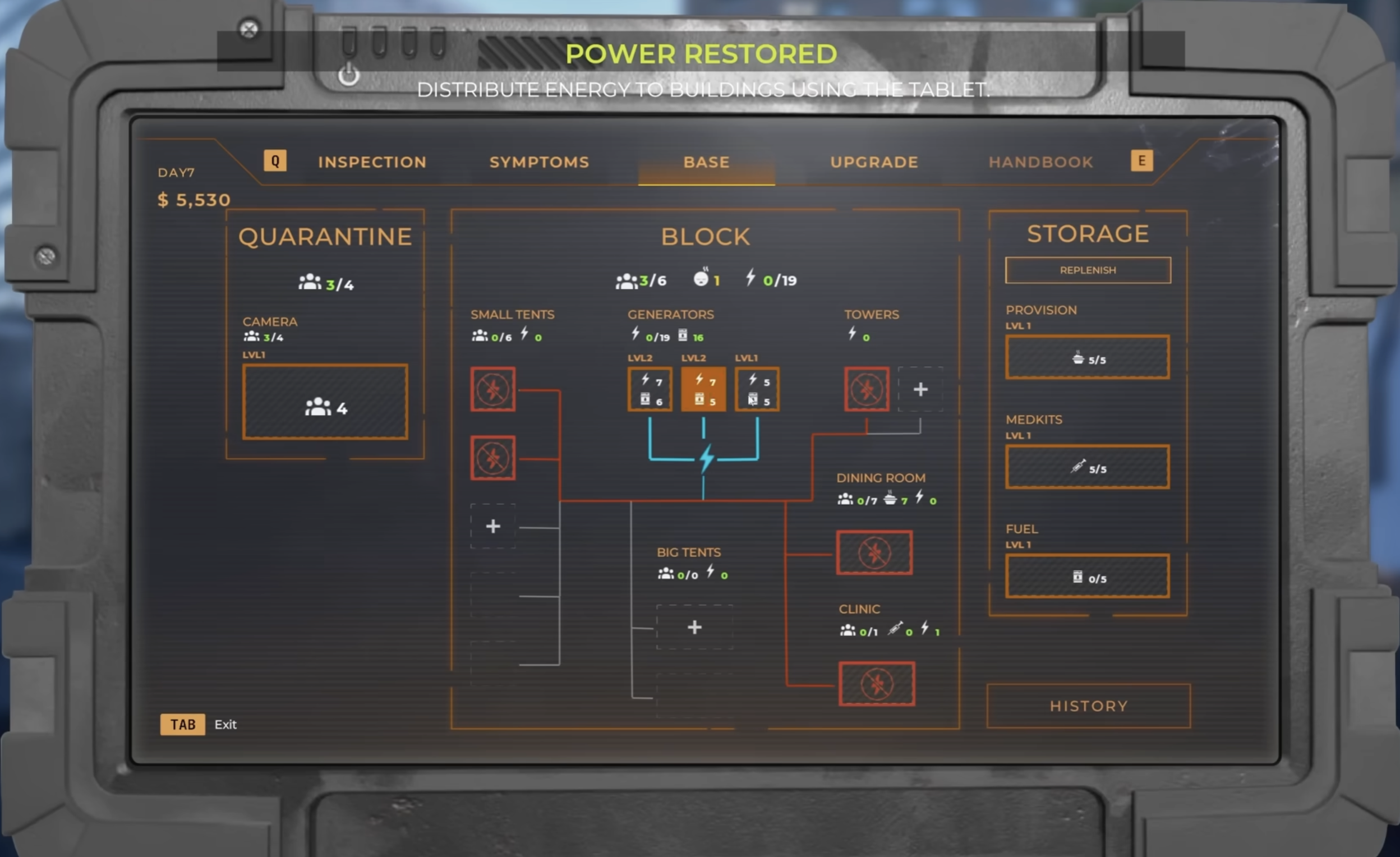 Base power restored overview screen
