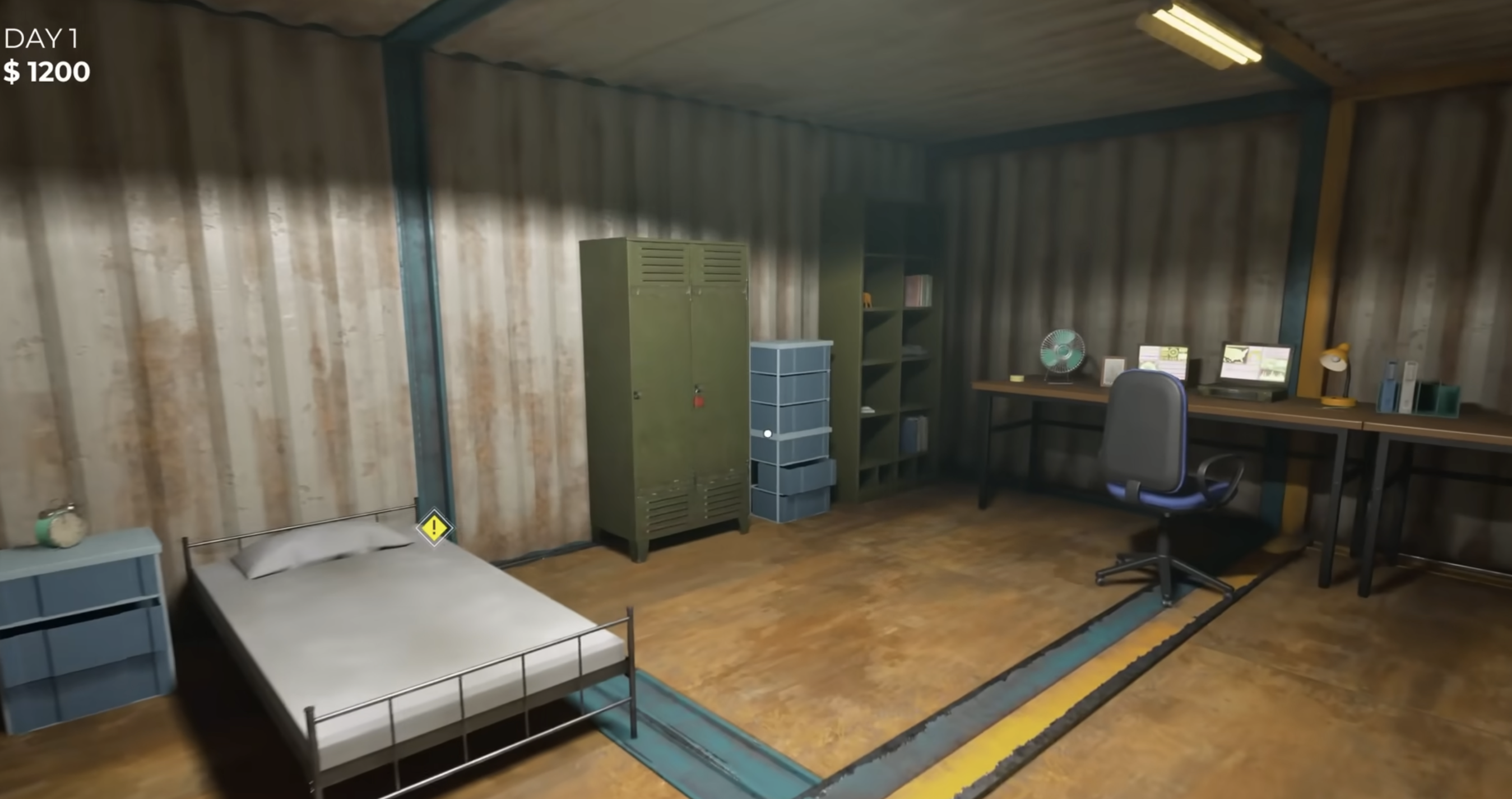 Player dorm room at the base on day one