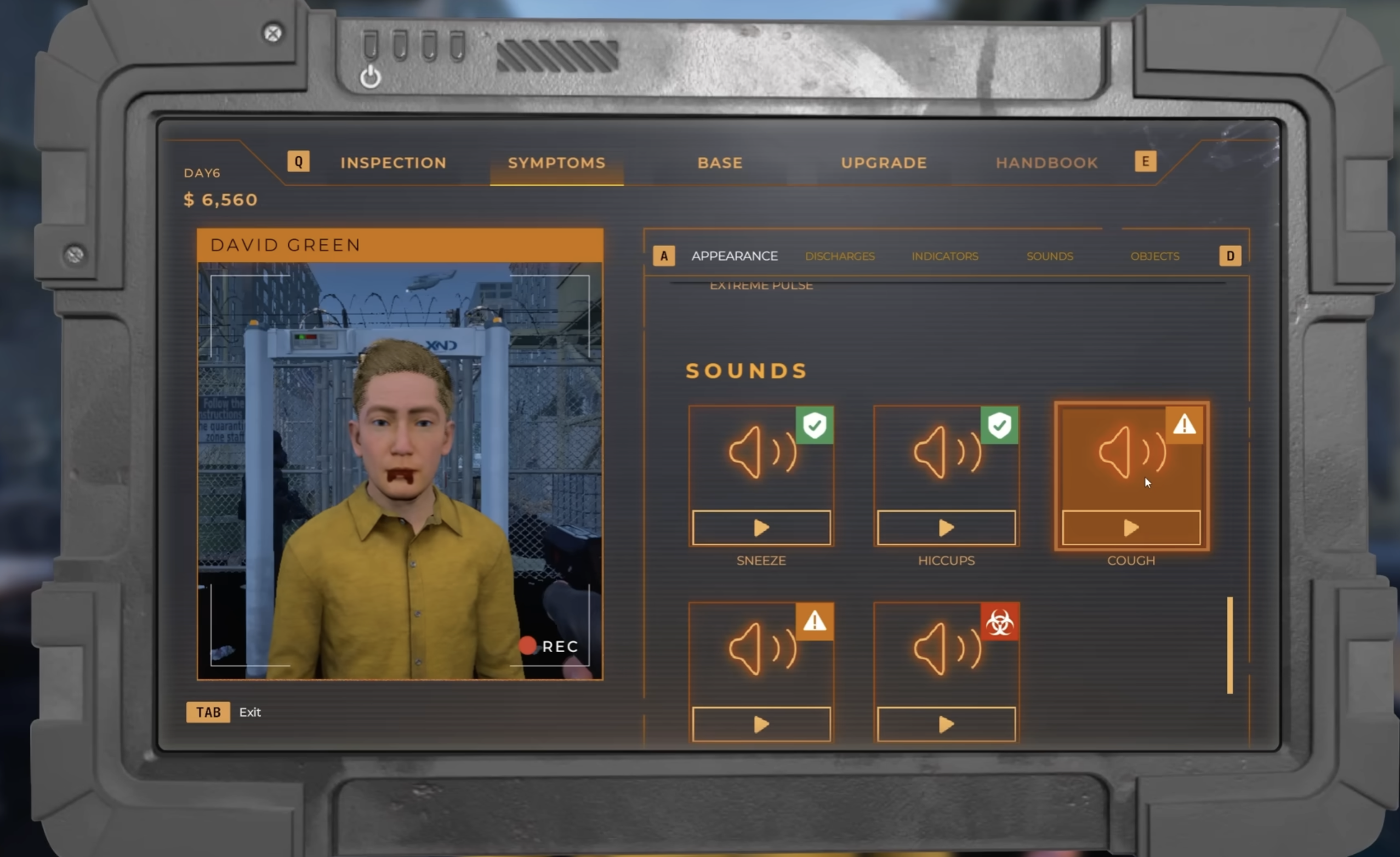 Symptoms UI raising a cough alert during inspection